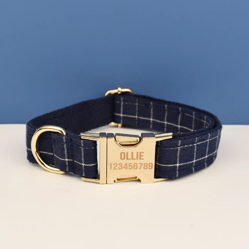 Add timeless elegance to your dog’s look with the Luxury Plaid Bow Tie Collar Collection. Premium quality, stylish plaid patterns, and detachable bow ties for versatile charm. blue plaid custom engraved collar