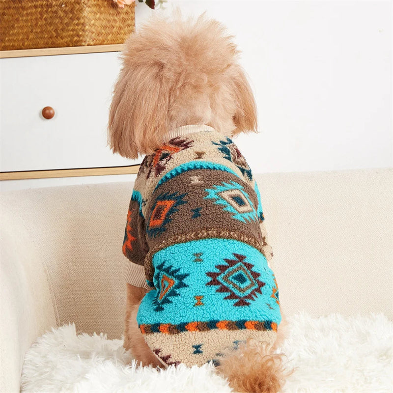 Wrap your small dog in style and comfort with our Cozy Chic Woolen Sweater. Perfect for Chihuahuas, Schnauzers, and puppies, this fleece pullover is a must-have for cooler weather walks. blue 4