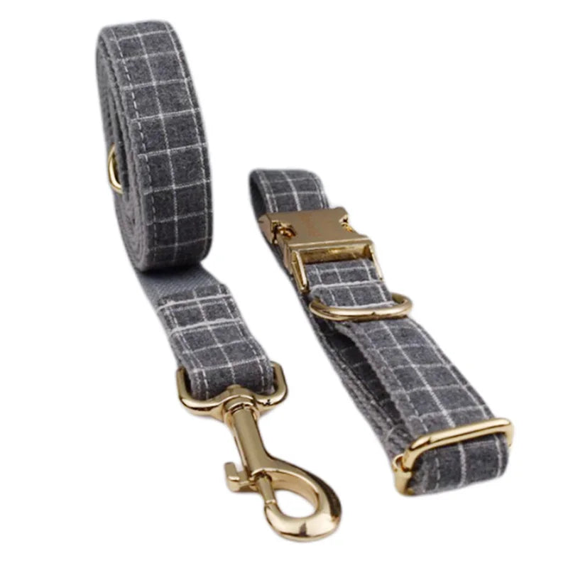 Conjunto de coleira, guia, peitoral, suporte para saco de cocô e laço para cachorro personalizado em cinza - Edição Designer