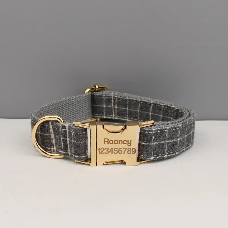 Add timeless elegance to your dog’s look with the Luxury Plaid Bow Tie Collar Collection. Premium quality, stylish plaid patterns, and detachable bow ties for versatile charm. grey plaid engraved collar