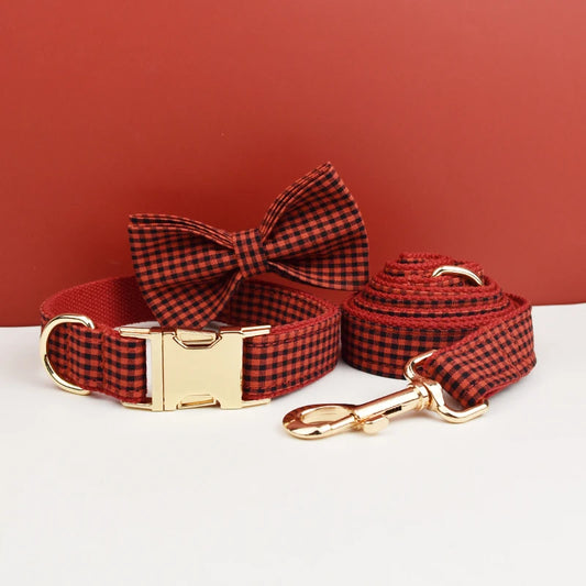 Add timeless elegance to your dog’s look with the Luxury Plaid Bow Tie Collar Collection. Premium quality, stylish plaid patterns, and detachable bow ties for versatile charm. dark red plaid-ish style