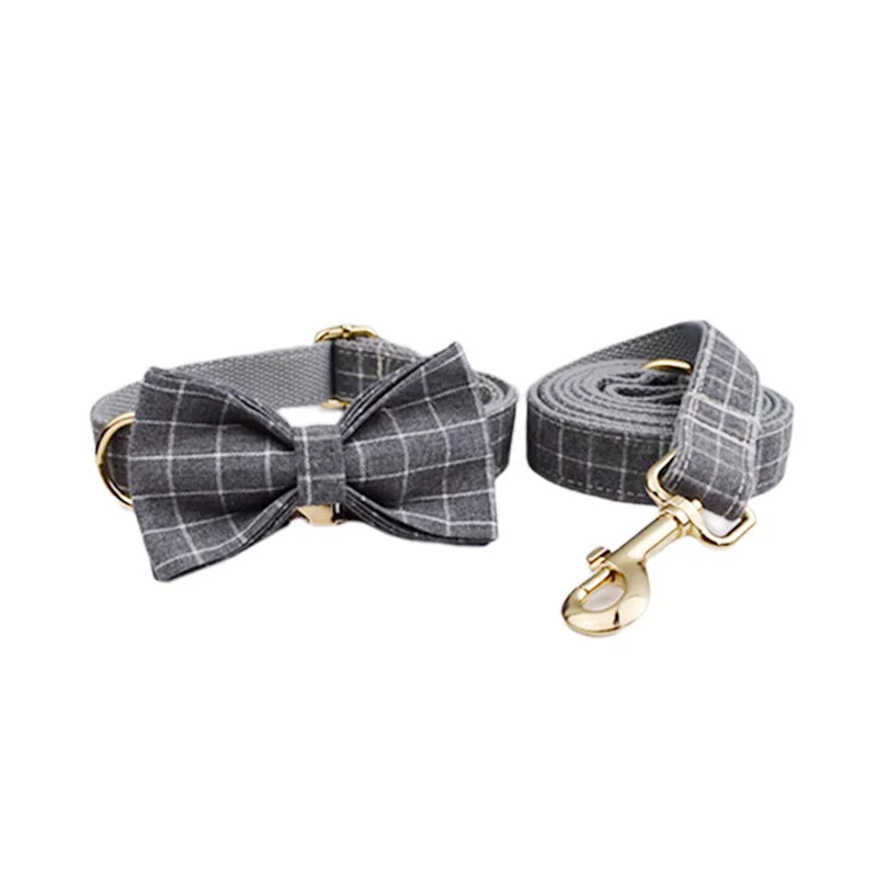Conjunto de coleira, guia, peitoral, suporte para saco de cocô e laço para cachorro personalizado em cinza - Edição Designer