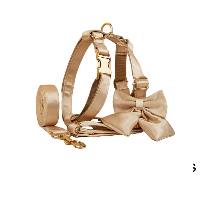 Pamper your pup with the Golden Luxe Silky Dog Set. Personalized bow, collar, leash, and harness in luxurious gold for an elegant, custom look. harness bowacollar and leash set