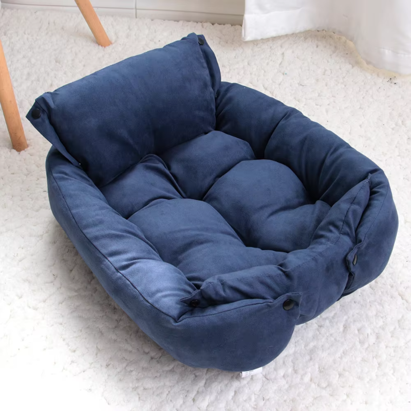 Discover the SnuggleFlex™ 3-in-1 Convertible Dog Bed – a stylish, multifunctional haven offering nest, sofa, and mattress configurations in grey, blue, or brown. Perfect comfort for your furry friend! blue vairant