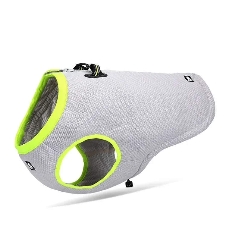 Gray pet jacket with green trim on a white background