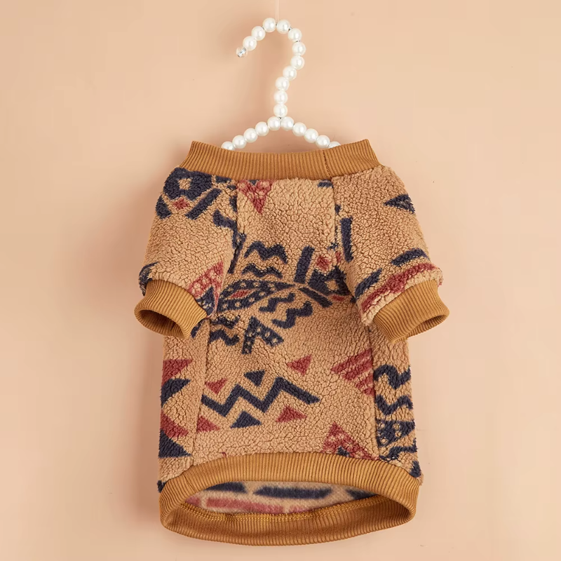 Wrap your small dog in style and comfort with our Cozy Chic Woolen Sweater. Perfect for Chihuahuas, Schnauzers, and puppies, this fleece pullover is a must-have for cooler weather walks. brown 1