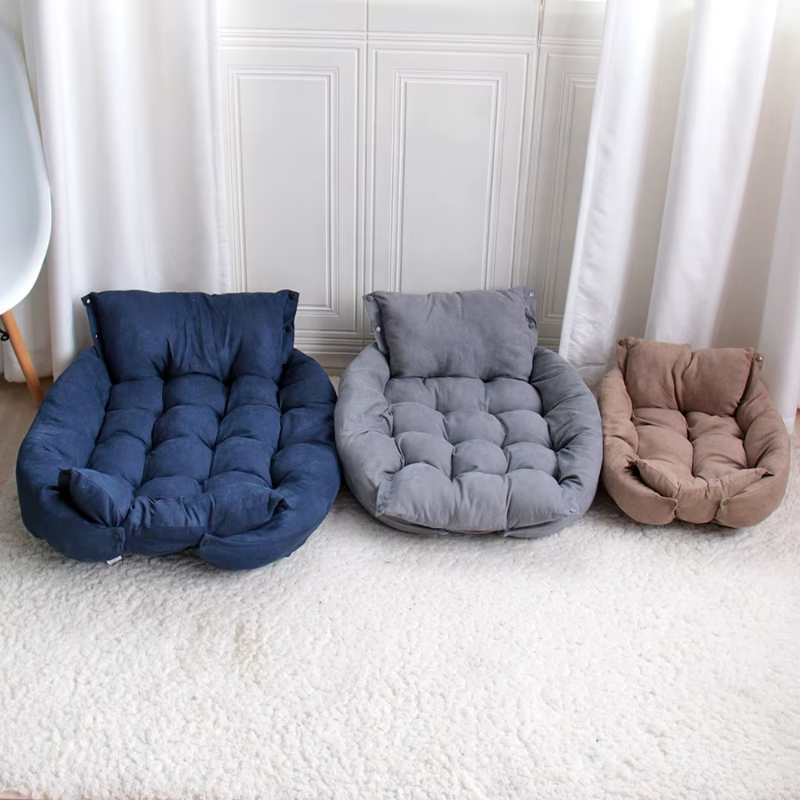Discover the SnuggleFlex™ 3-in-1 Convertible Dog Bed – a stylish, multifunctional haven offering nest, sofa, and mattress configurations in grey, blue, or brown. Perfect comfort for your furry friend! display of 3 different sized blue big gey medum brown small