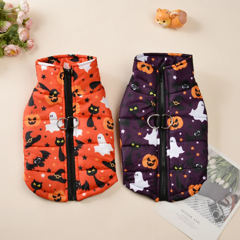 Orange Ghosts, Cats & Bats Halloween Dog Costume Jacket