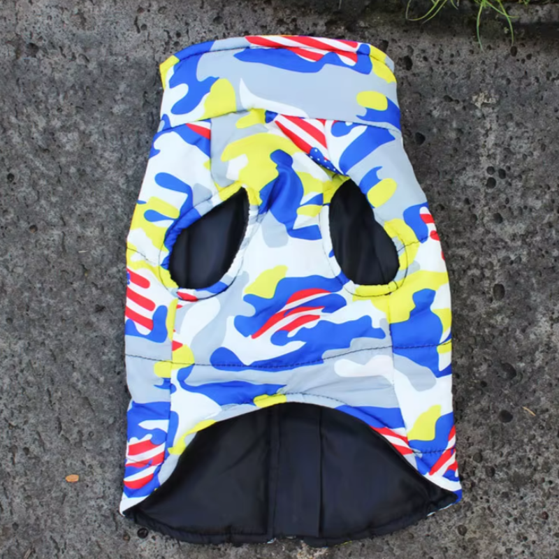 Keep your large dog protected with our All-Weather Outdoor Jacket. Waterproof, durable, and secure, it’s perfect for Doberman Pinschers, Golden Retrievers, and more. bottom yellow and blue