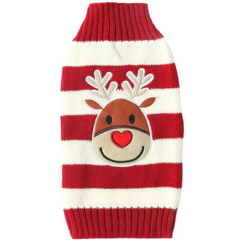 Striped Deer Holiday Pup Sweater – Warm Christmas Knit for Dogs