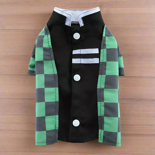 Pet coat with green and black checkered pattern on a white background