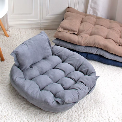 Discover the SnuggleFlex™ 3-in-1 Convertible Dog Bed – a stylish, multifunctional haven offering nest, sofa, and mattress configurations in grey, blue, or brown. Perfect comfort for your furry friend! beige variant grey and 3 laying on top of eachother