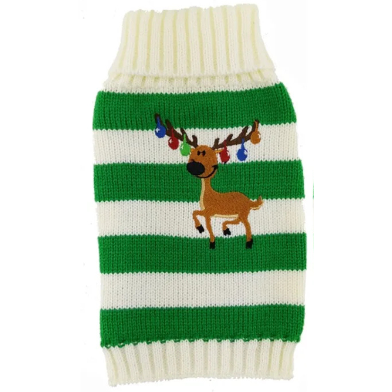 Green Bell Deer Holiday Pup Sweater – Warm Christmas Knit for Dogs