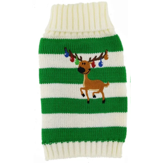 Green Bell Deer Holiday Pup Sweater – Warm Christmas Knit for Dogs