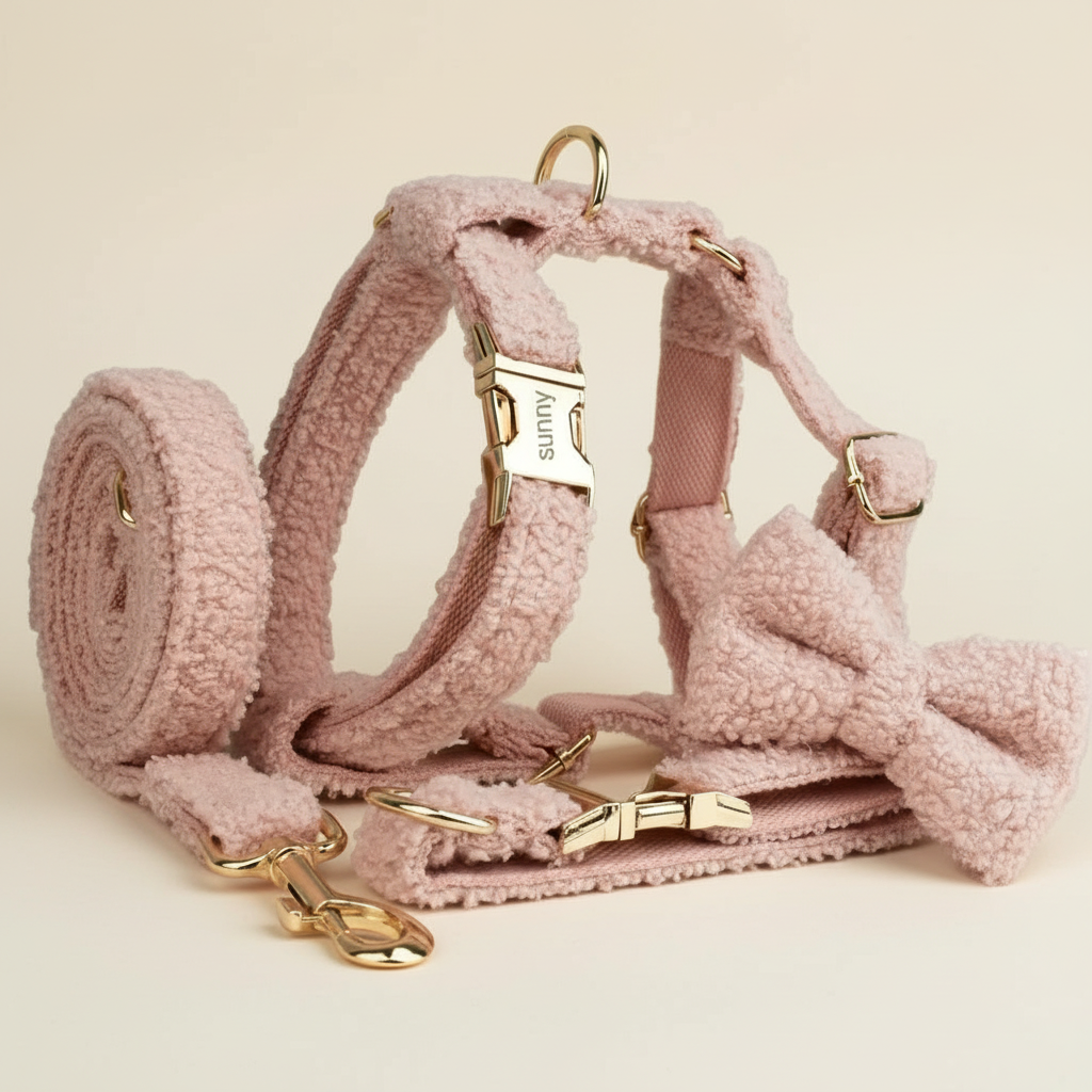 Pink dog harness and leash set with gold hardware on a cream 
background