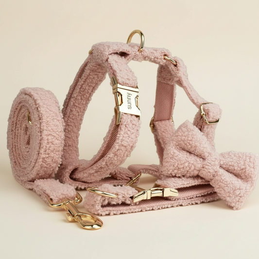 Pink dog harness and leash set with gold hardware on a cream 
background