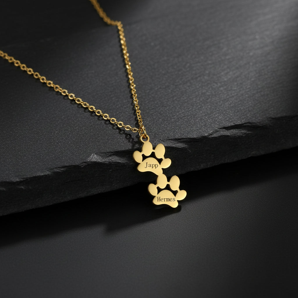 custom engraved necklace with dog paws to customize with your dog name 2 gold paw