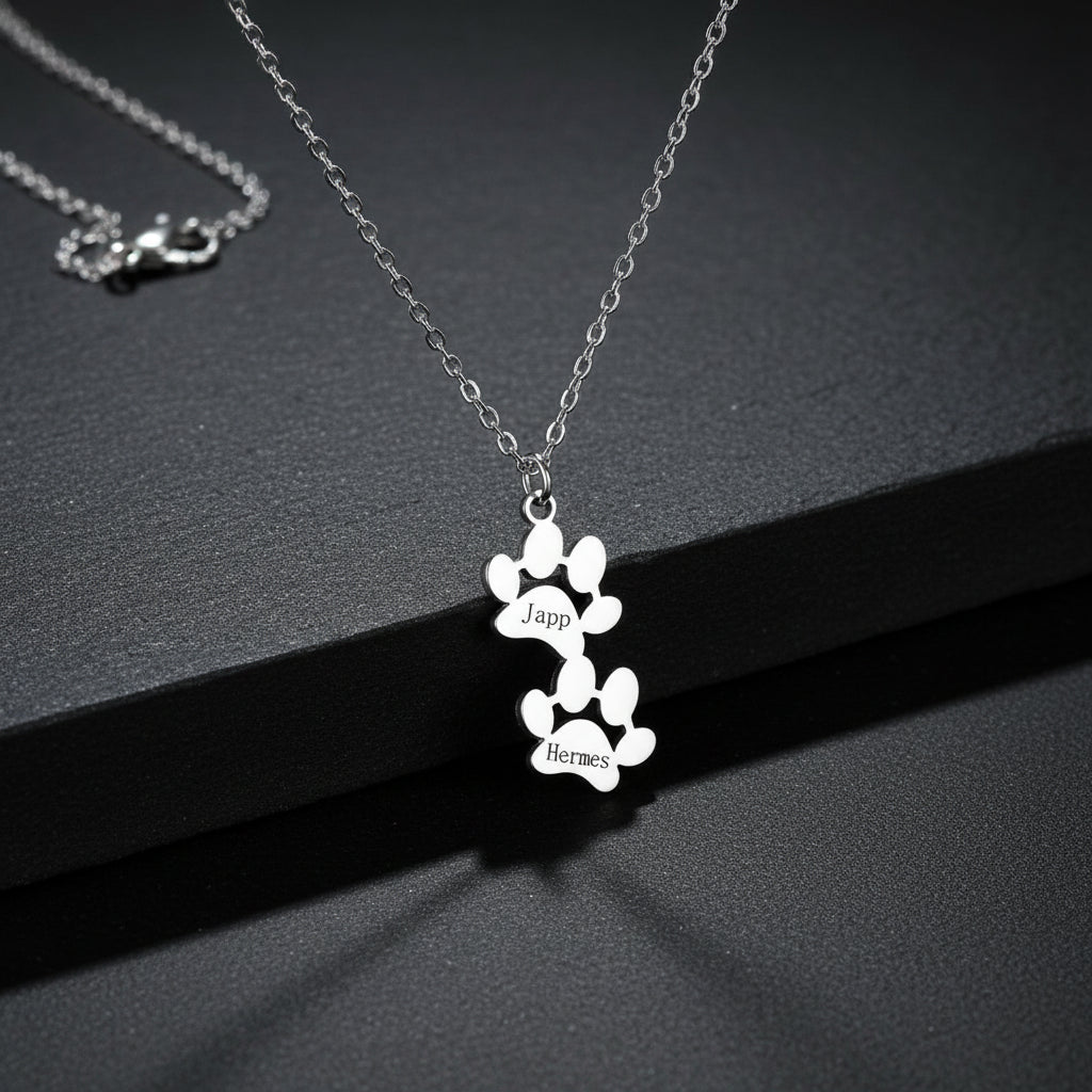 custom engraved necklace with dog paws to customize with your dog name silver paw 2