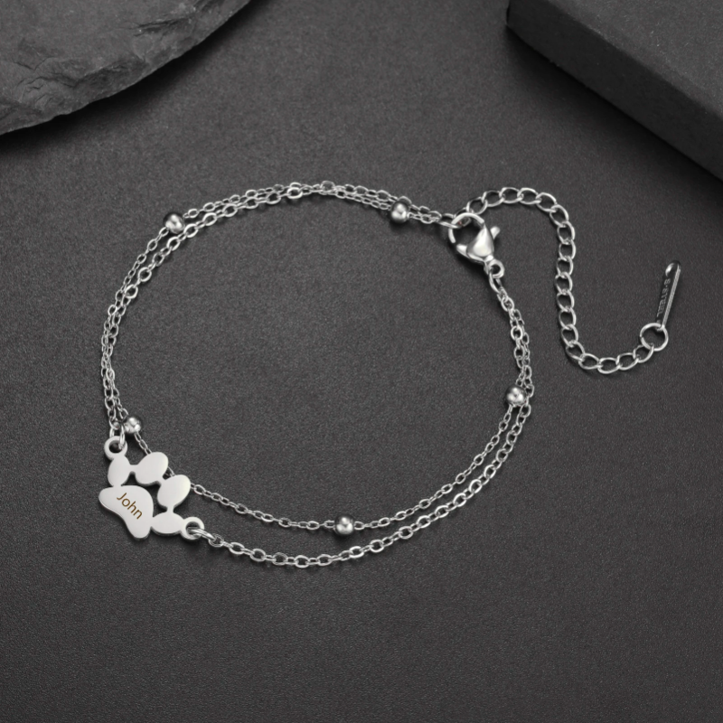 Pulseira personalizada com pata de cão gravada – Joia em aço inoxidável para amantes de animais de estimação 
