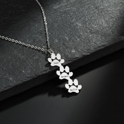 custom engraved necklace with dog paws to customize with your dog name 3 silver paw