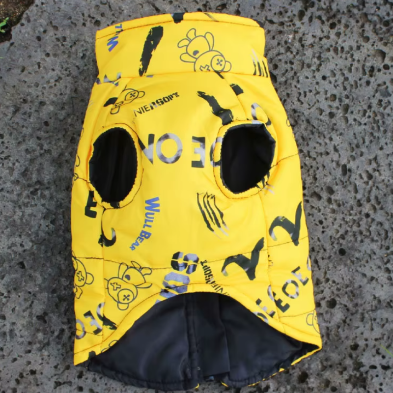 Keep your large dog protected with our All-Weather Outdoor Jacket. Waterproof, durable, and secure, it’s perfect for Doberman Pinschers, Golden Retrievers, and more. bottom of yellow