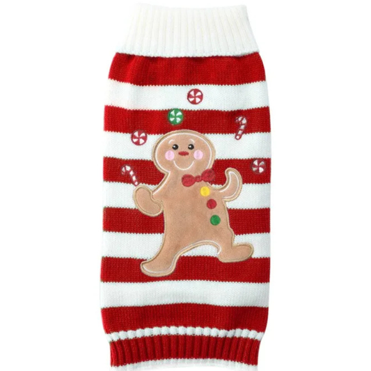 Striped Gingerbread Man Holiday Pup Sweater – Warm Christmas Knit for Dogs