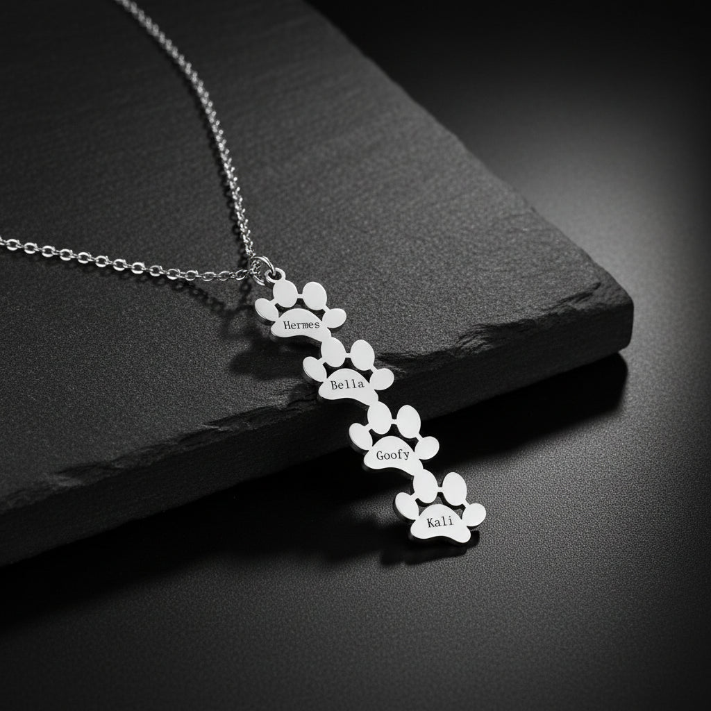 custom engraved necklace with dog paws to customize with your dog name silver paw 4