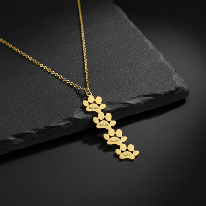 custom engraved necklace with dog paws to customize with your dog name 4 gold paws