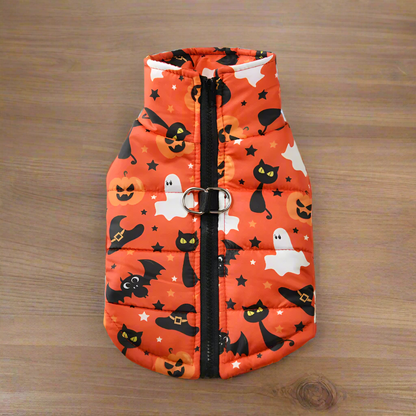 Halloween-themed pet coat with pumpkins, ghosts, and cats on an orange background.