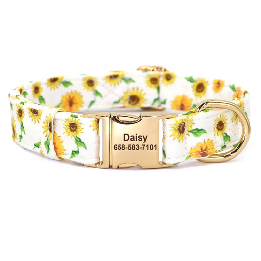 White Sunflower Personalized Dog Collar – Custom Nylon Collar with Engraved ID Tag for Small to Large Dogs