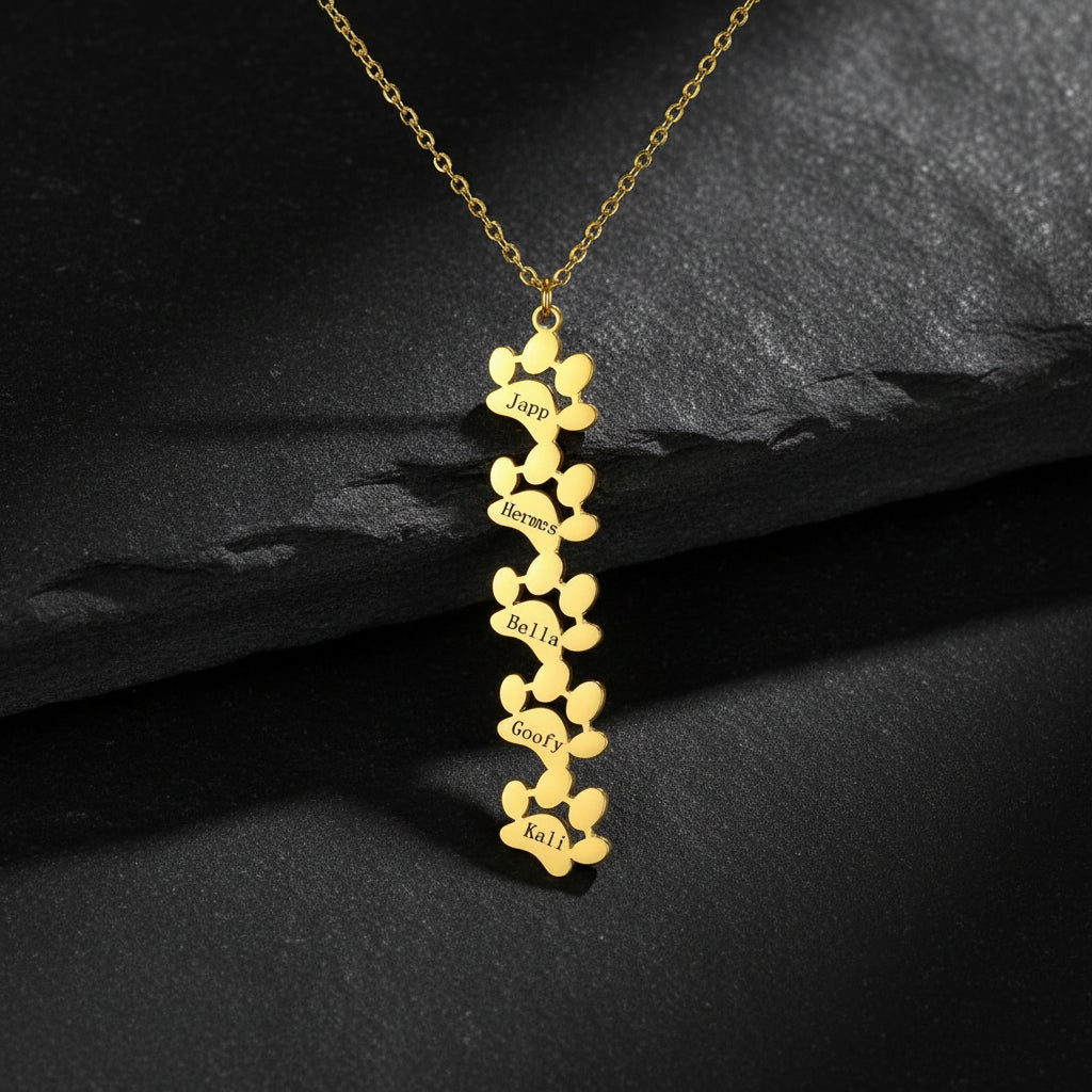 custom engraved necklace with dog paws to customize with your dog name 5 gold paws