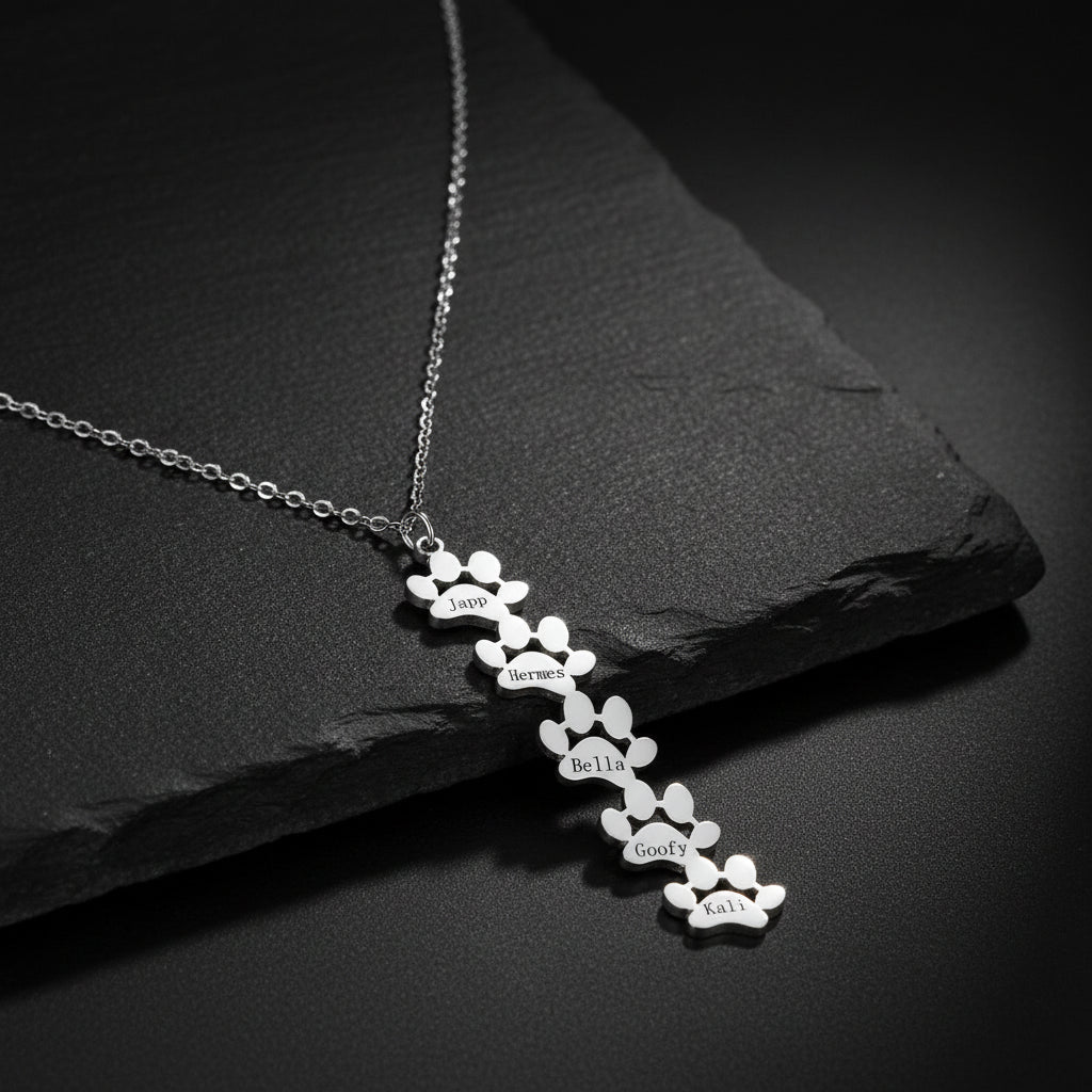 custom engraved necklace with dog paws to customize with your dog name5 silver paws