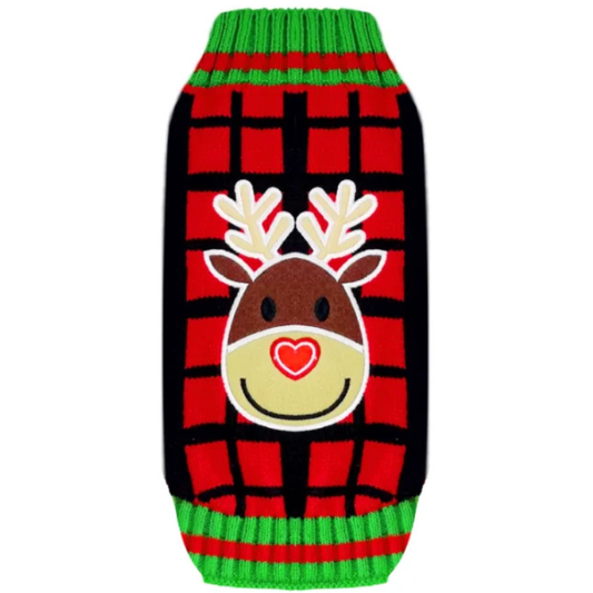 Checkered Deer Holiday Pup Sweater – Warm Christmas Knit for Dogs