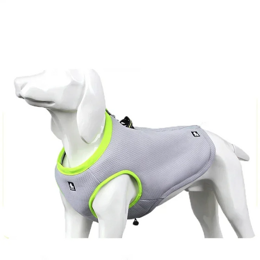 Gray dog harness with green trim on a mannequin against a white background