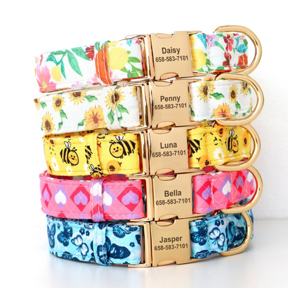 White Sunflower Personalized Dog Collar – Custom Nylon Collar with Engraved ID Tag for Small to Large Dogs