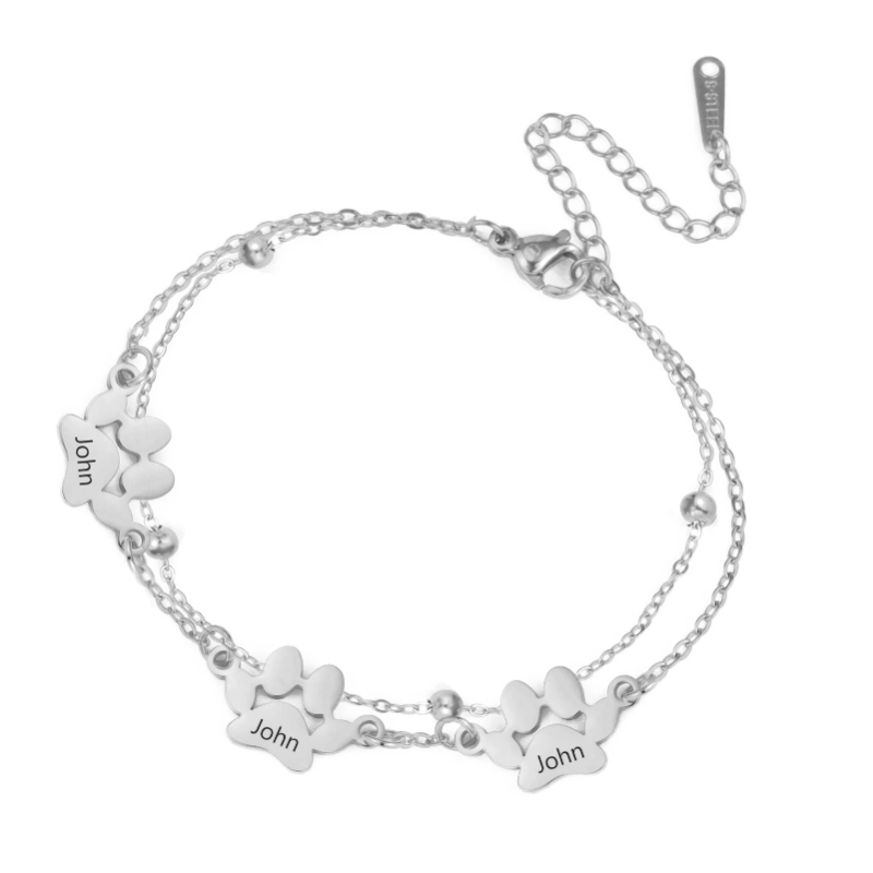 Pulseira personalizada com pata de cão gravada – Joia em aço inoxidável para amantes de animais de estimação 