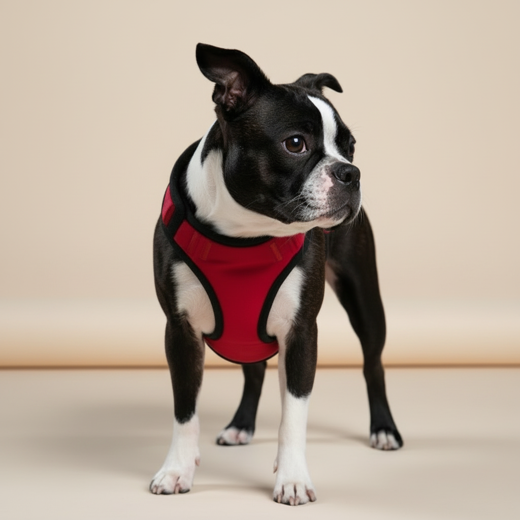Black and white dog wearing a red harness outdoors