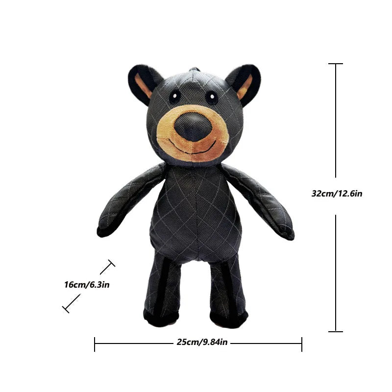 Black bear plush toy with measurements on a white background
