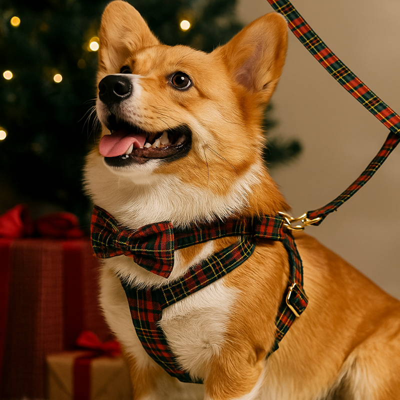 Corgi dog wearing a plaid harness and leash in front of a decorated Christmas tree. available at the fur pal