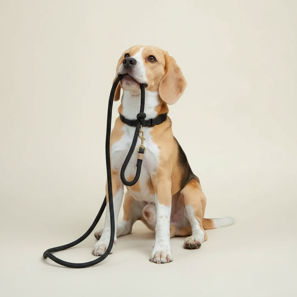 Dog sitting on a path with a leash in its mouth, surrounded by autumn leaves. the fur pal