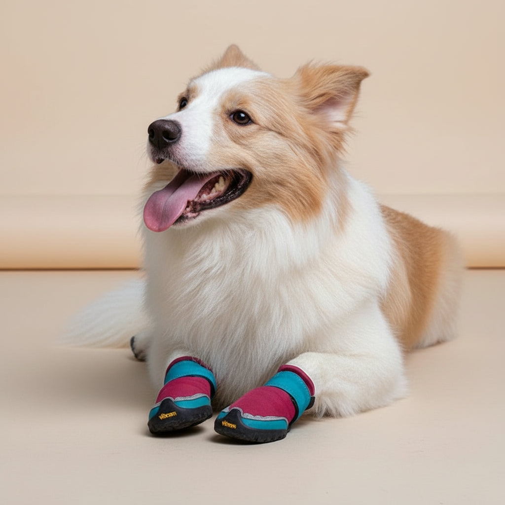 Dog wearing colorful dog boots sitting on a log in a natural setting available at The Fur Pal