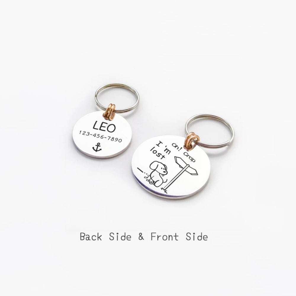 Two keychains with engraved text on a white background