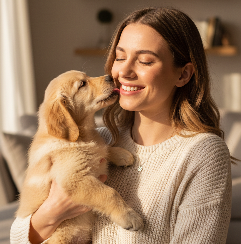 Woman holding a golden retriever puppy indoors