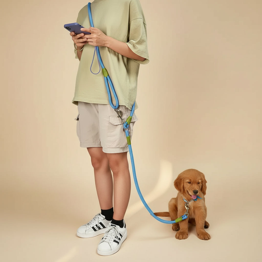 Person holding a phone and a blue dog leash with a small brown dog sitting next to them on a plain background