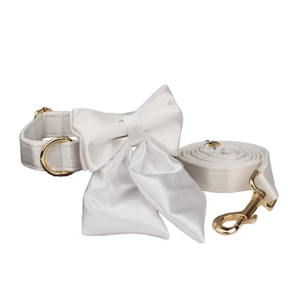 Conjunto de coleira, guia, peitoral e laço brancos personalizados chiques para cães