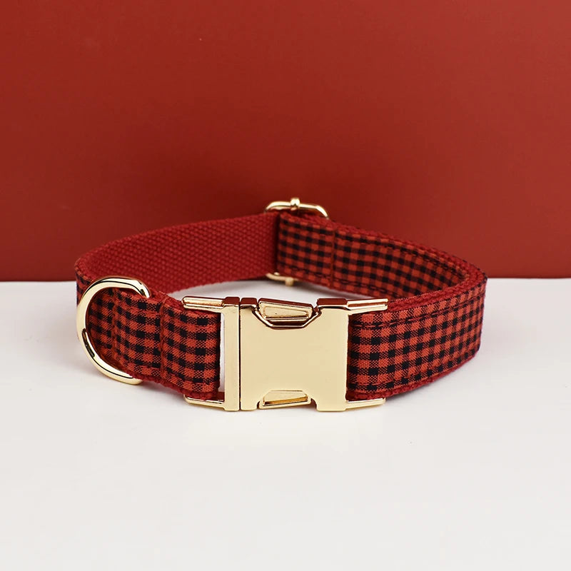 Add timeless elegance to your dog’s look with the Luxury Plaid Bow Tie Collar Collection. Premium quality, stylish plaid patterns, and detachable bow ties for versatile charm. dark red plaid-ish style empty engraved area