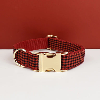 Add timeless elegance to your dog’s look with the Luxury Plaid Bow Tie Collar Collection. Premium quality, stylish plaid patterns, and detachable bow ties for versatile charm. dark red plaid-ish style empty engraved area