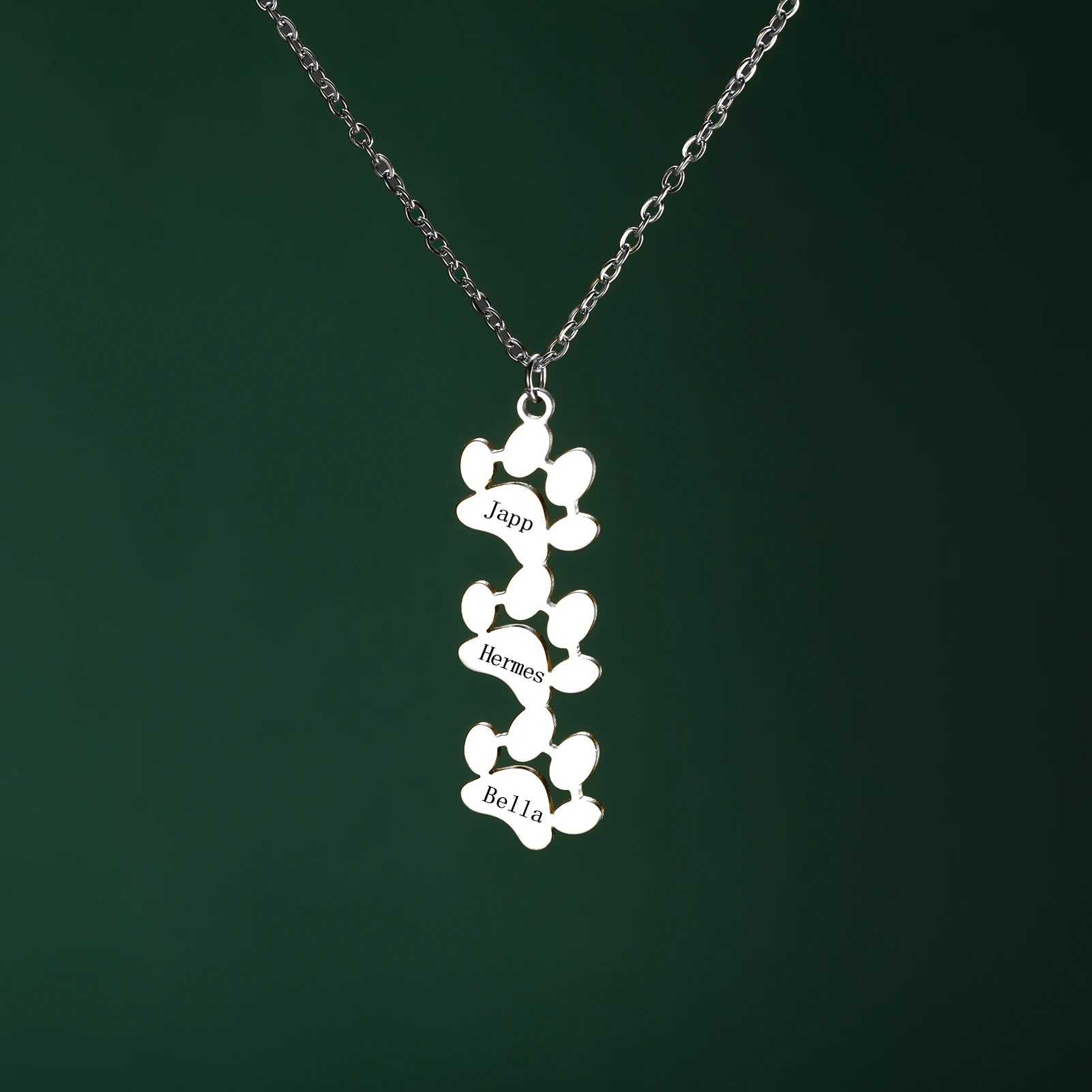 custom engraved necklace with dog paws to customize with your dog name 3 silver paw