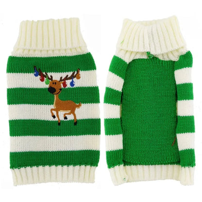 Green Bell Deer Holiday Pup Sweater – Warm Christmas Knit for Dogs