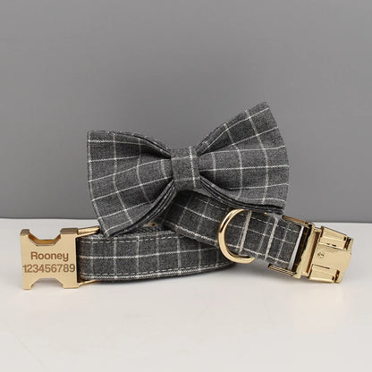 Conjunto de coleira, guia, peitoral, suporte para saco de cocô e laço para cachorro personalizado em cinza - Edição Designer 